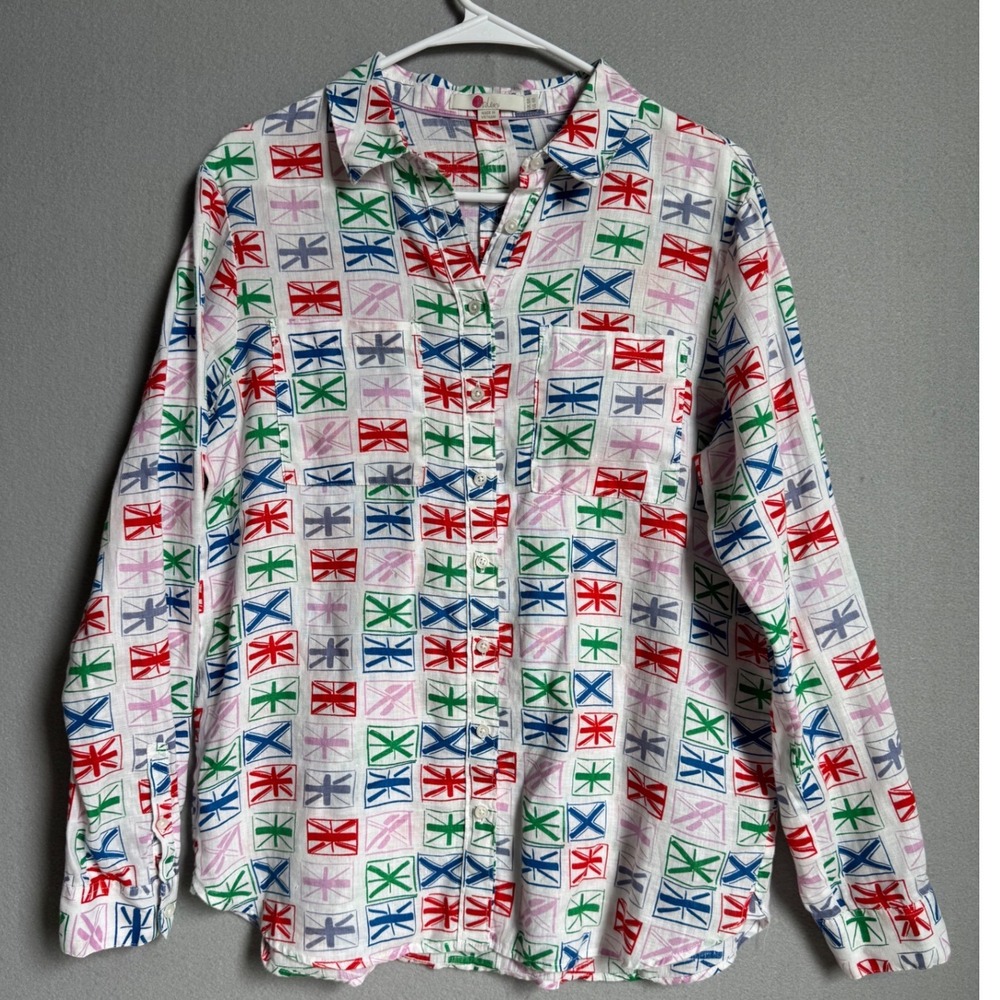 Boden Linen Top Women Size 4R Geometric Union Jack Button Down Shirt Oversized